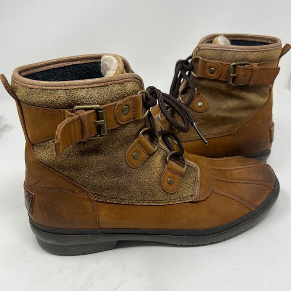 UGG Womens Waterproof Duck Boots 8.5 Brown Leather Suede Shearling Lace Up Warm - Picture 10 of 13